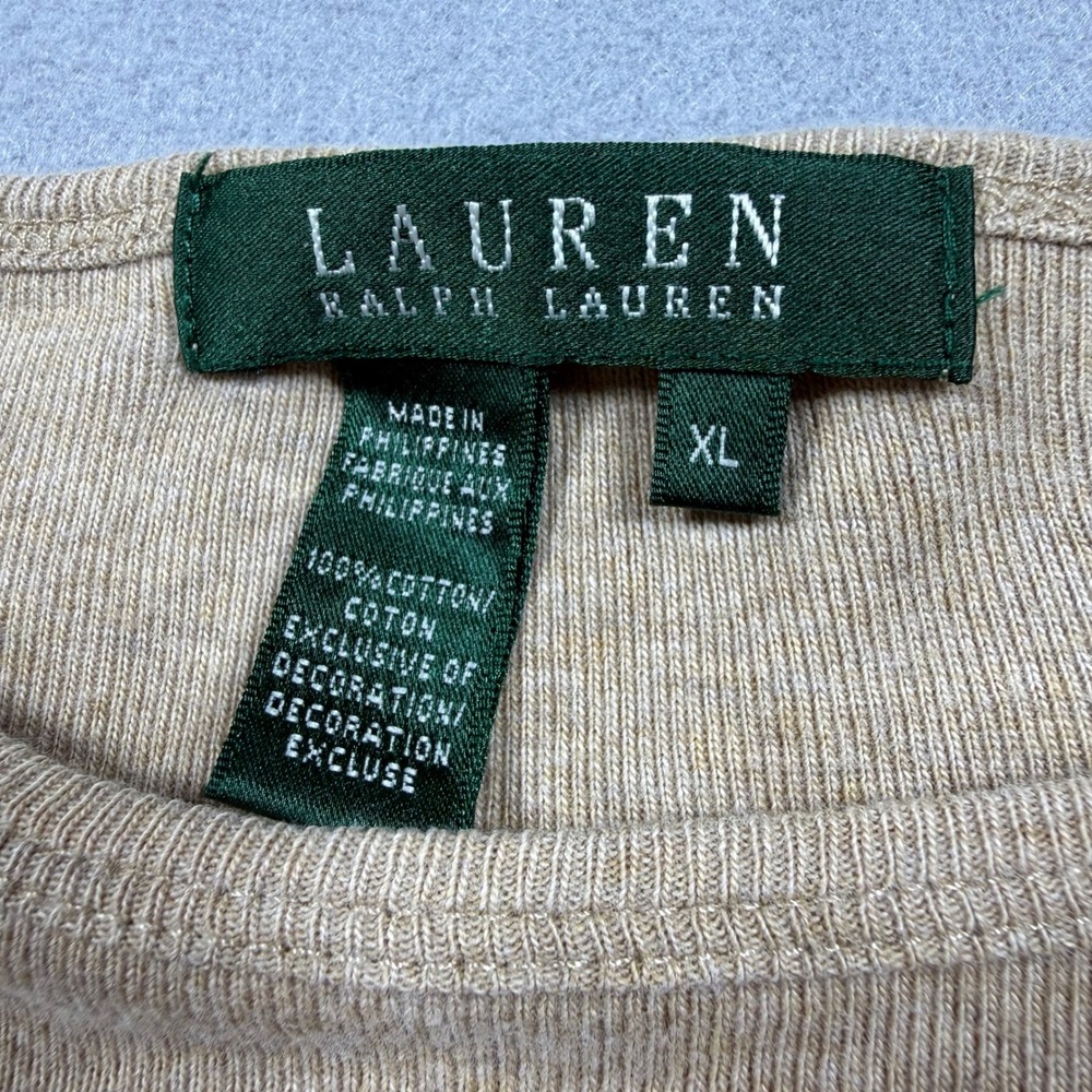 Lauren Ralph Lauren Tan Beige Cotton Ribbed Long Sleeve Scoop Neck Top XL - Picture 4 of 6